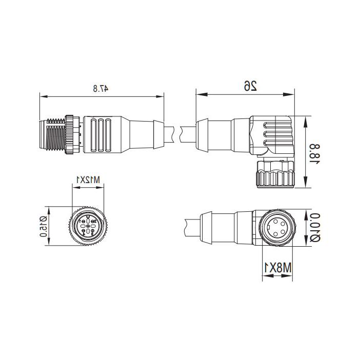 M8转M12 4Pin、M8母头90°带LED灯转M12公头直型、双端预铸PUR柔性电缆、黑色护套、63D301-XXX